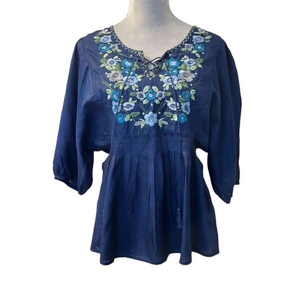 Nine West VAC Blue Floral Embroidered V-Neck Blouse Top S Y2K Business Casual - Picture 1 of 13